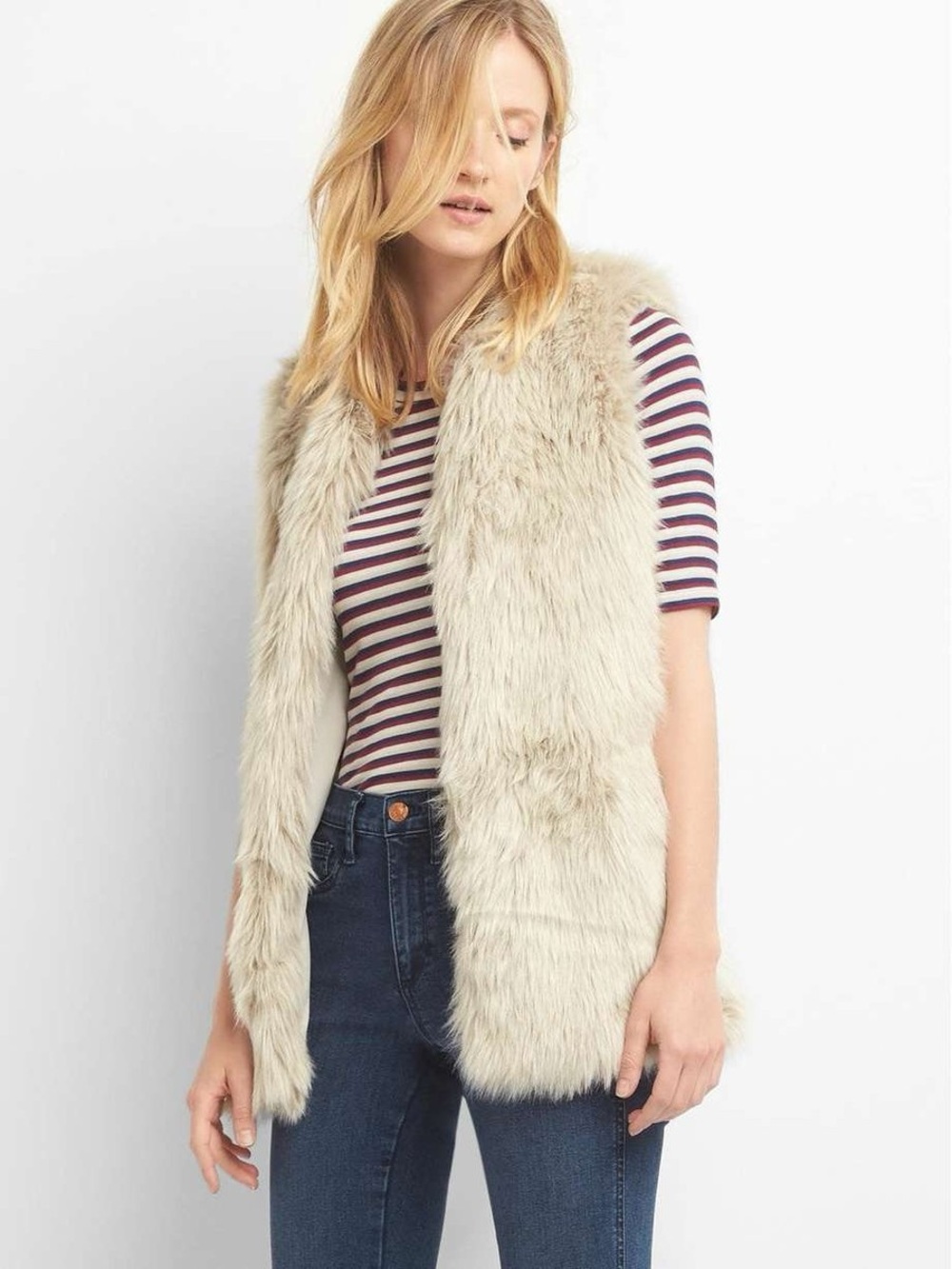 GAP Light Cream Faux Fur Open Vest